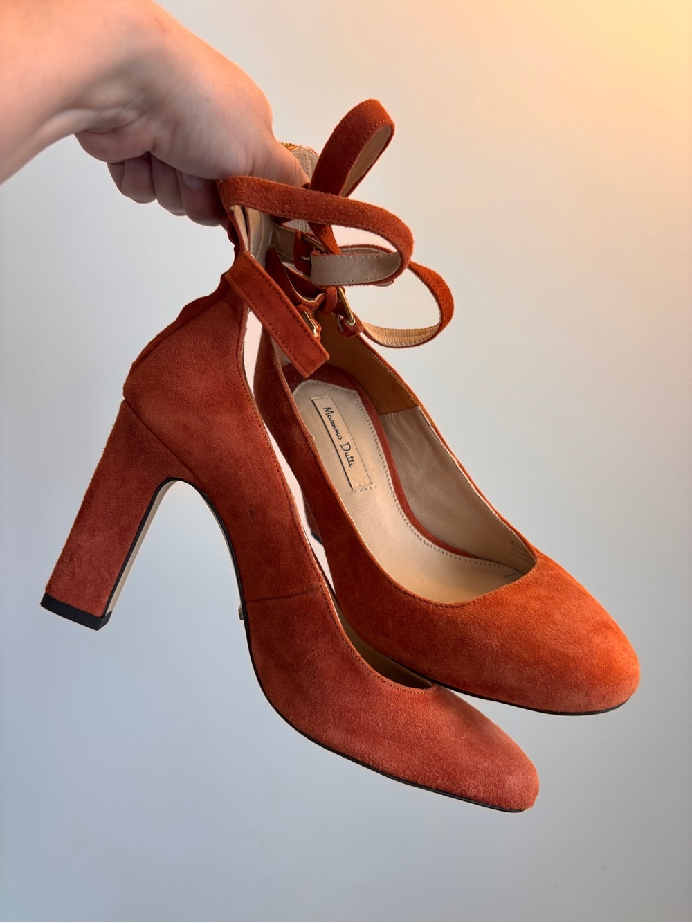 Massimo Dutti Rust Orange Suede Ankle-Tie Block Heels